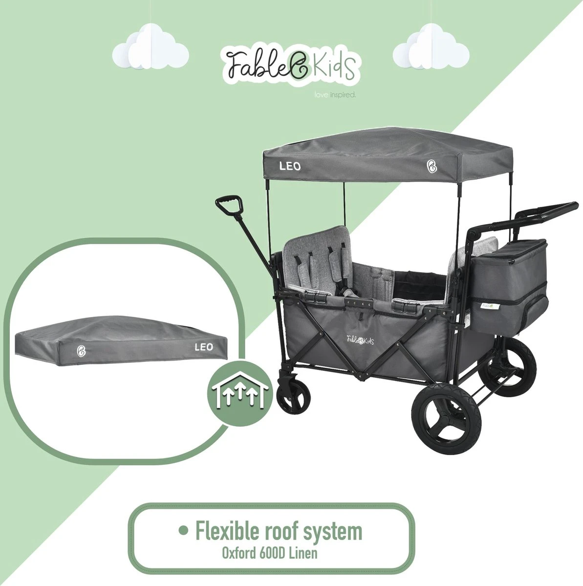 FableKids LEO X4Plus Opvouwbare Wagen Met Dak Fossil Grey 4 FableKids LEO X4Plus Opvouwbare Wagen Met Dak Fossil Grey - Afbeelding 2