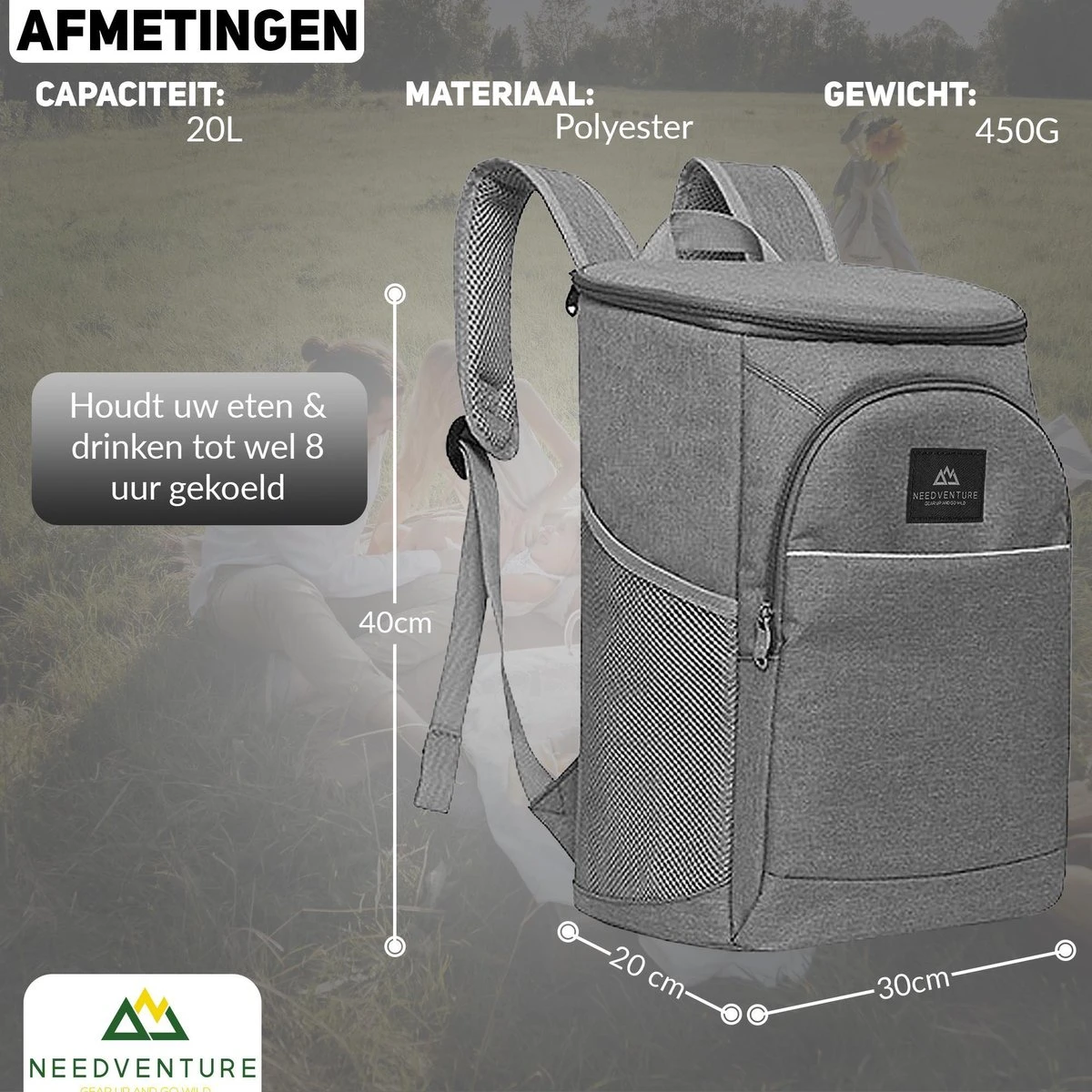 Needventure Koeltas - Lunchtas - Koelrugtas - Picknicktas - 20 Liter - Flessenhouder - Bieropener - Grijs 7 Needventure Koeltas - Lunchtas - Koelrugtas - Picknicktas - 20 Liter - Flessenhouder - Bieropener - Grijs - Afbeelding 5
