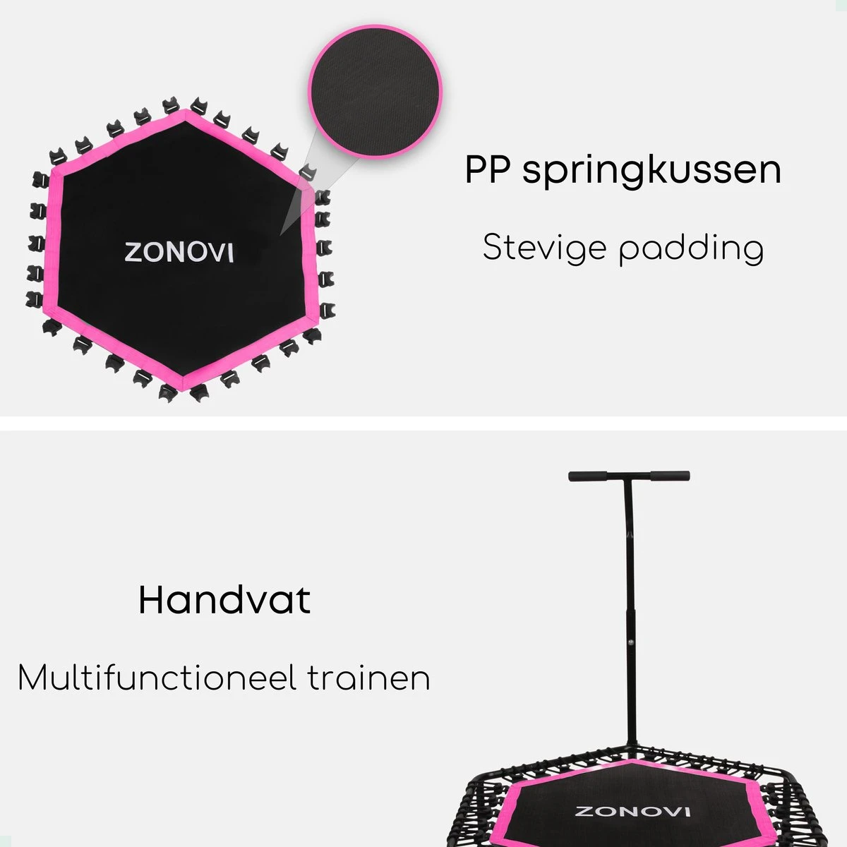 Zonovi Fitness Trampoline 250 Kilo – Mini Trampoline – Kleine Trampoline – Sport Trampoline – Met Elastieken – Zwart – Roze – 106 Cm – 42 Inch. 8 Zonovi Fitness Trampoline 250 Kilo – Mini Trampoline – Kleine Trampoline – Sport Trampoline – Met Elastieken – Zwart – Roze – 106 Cm – 42 Inch. - Afbeelding 6