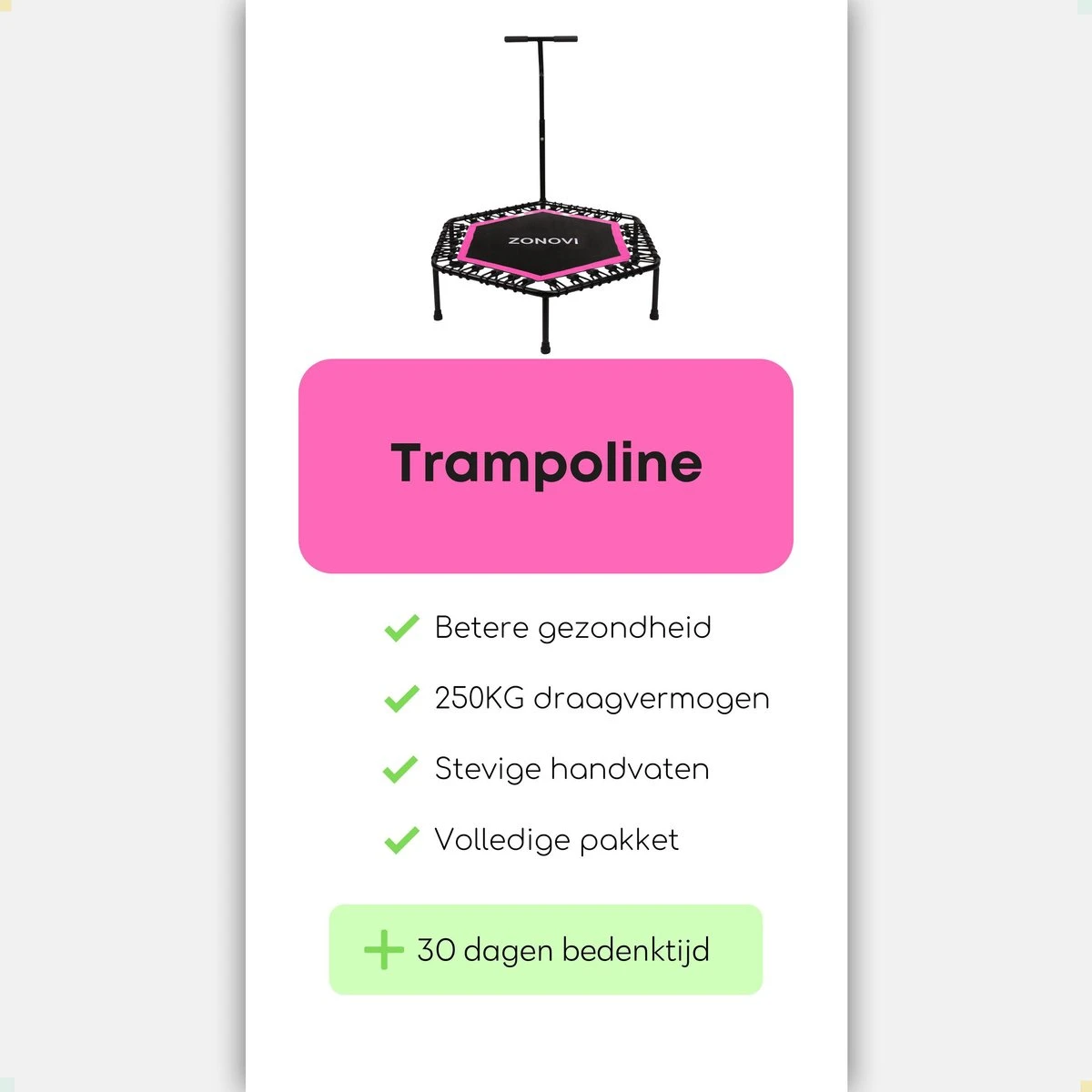 Zonovi Fitness Trampoline 250 Kilo – Mini Trampoline – Kleine Trampoline – Sport Trampoline – Met Elastieken – Zwart – Roze – 106 Cm – 42 Inch. 11 Zonovi Fitness Trampoline 250 Kilo – Mini Trampoline – Kleine Trampoline – Sport Trampoline – Met Elastieken – Zwart – Roze – 106 Cm – 42 Inch. - Afbeelding 9