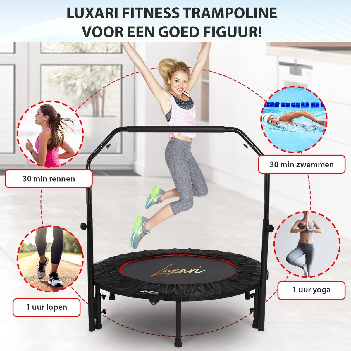 Luxari - Fitness Trampoline Pro - Inclusief Stang En Beschermhoes - 105 Cm Diameter - Opvouwbaar - Belastbaar Tot 150 Kg - Hometrainer - Fitness Trampoline 8 Luxari - Fitness Trampoline Pro - Inclusief Stang En Beschermhoes - 105 Cm Diameter - Opvouwbaar - Belastbaar Tot 150 Kg - Hometrainer - Fitness Trampoline - Afbeelding 6